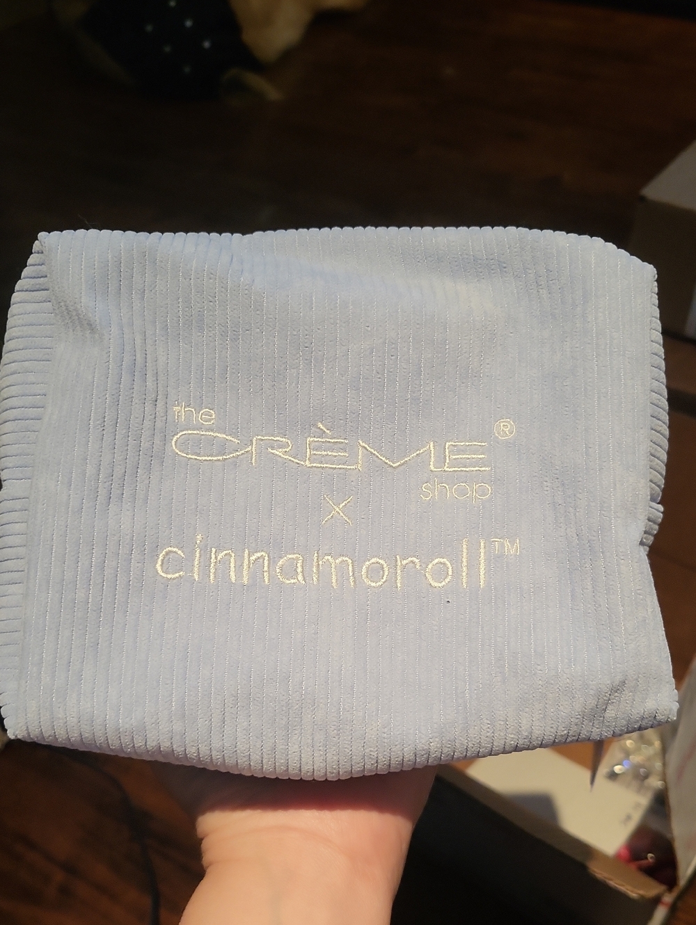 the Crème Shop x Cinnamoroll Light Blue Corduroy Cosmetic Bag